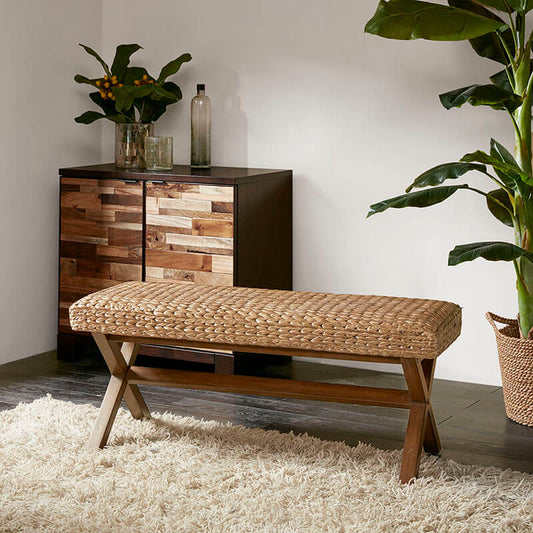 45" Natural Farmhouse Woven Solid Wood Bench