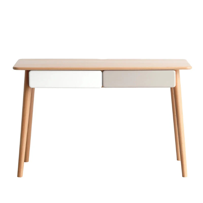 the front view of a natural wood desk in a white background