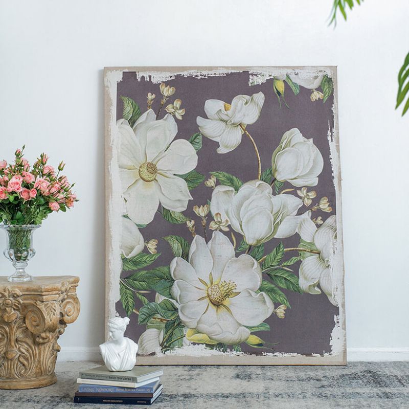 48"L x 60"H Large White and Gray Botanical Wall Art