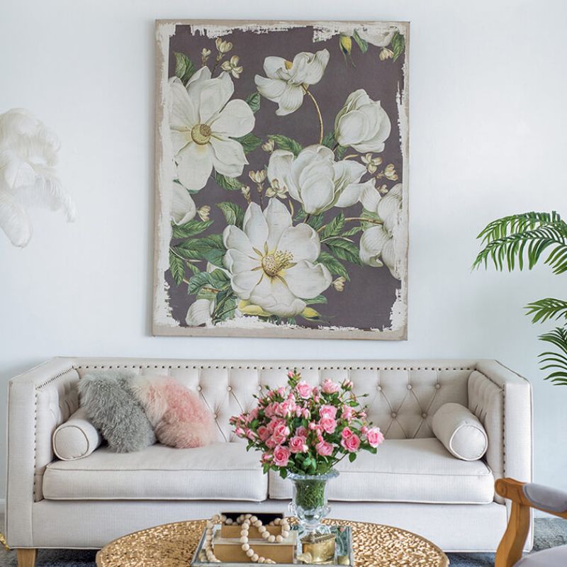 48"L x 60"H Large White and Gray Botanical Wall Art