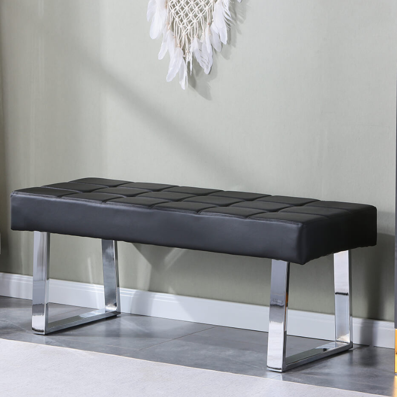 48" Modern Black Faux Leather Dining Bench with Steel Base