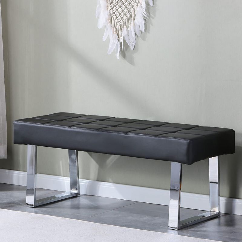 48" Modern Black Faux Leather Dining Bench with Steel Base