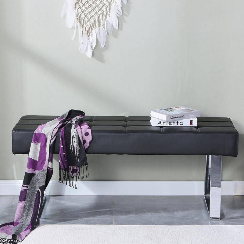 48" Modern Black Faux Leather Dining Bench with Steel Base