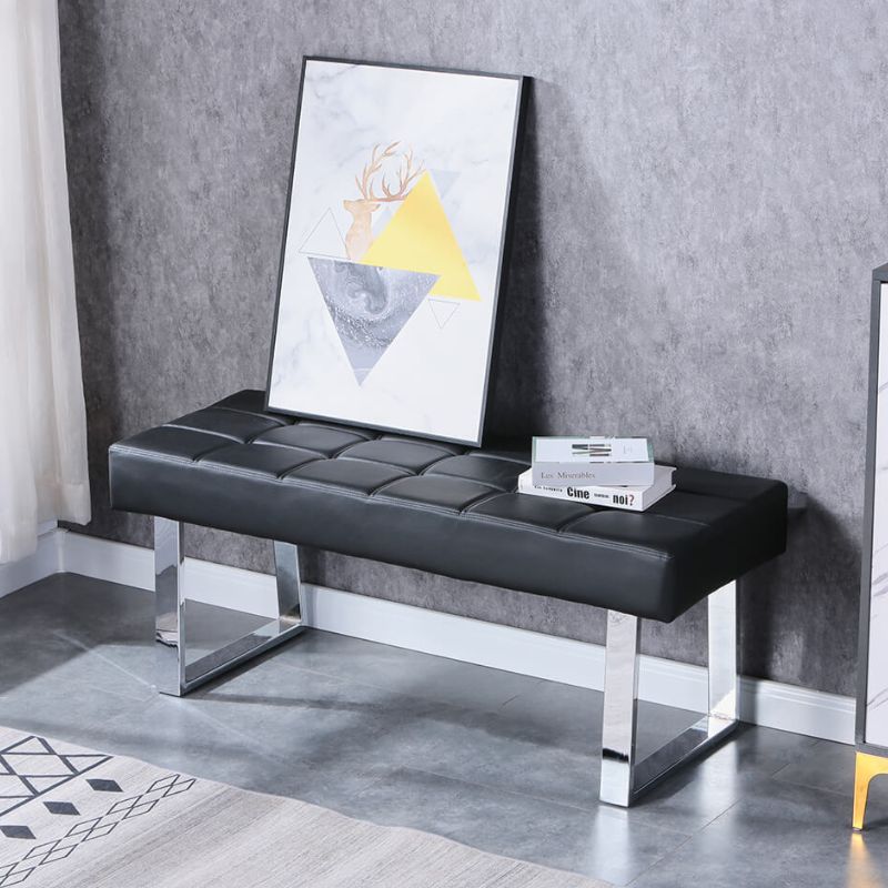 48" Modern Black Faux Leather Dining Bench with Steel Base