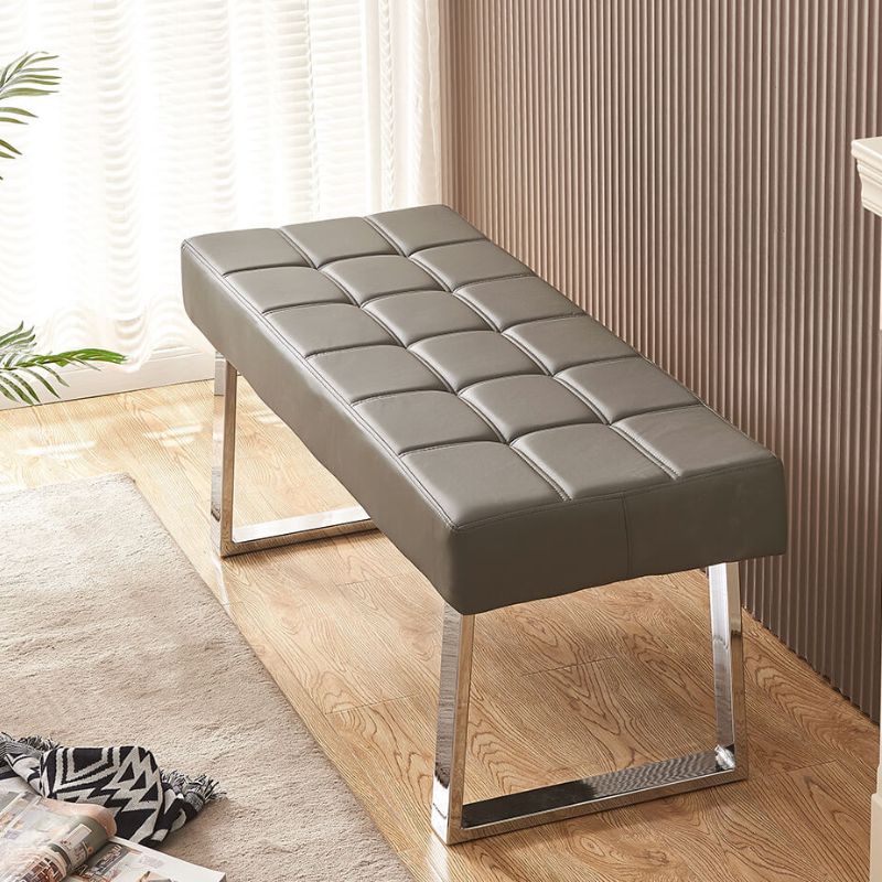 48" Modern Gray Faux Leather Dining Bench with Steel Base