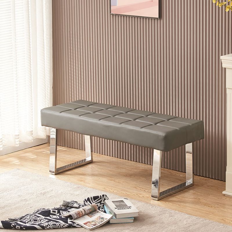 48" Modern Gray Faux Leather Dining Bench with Steel Base