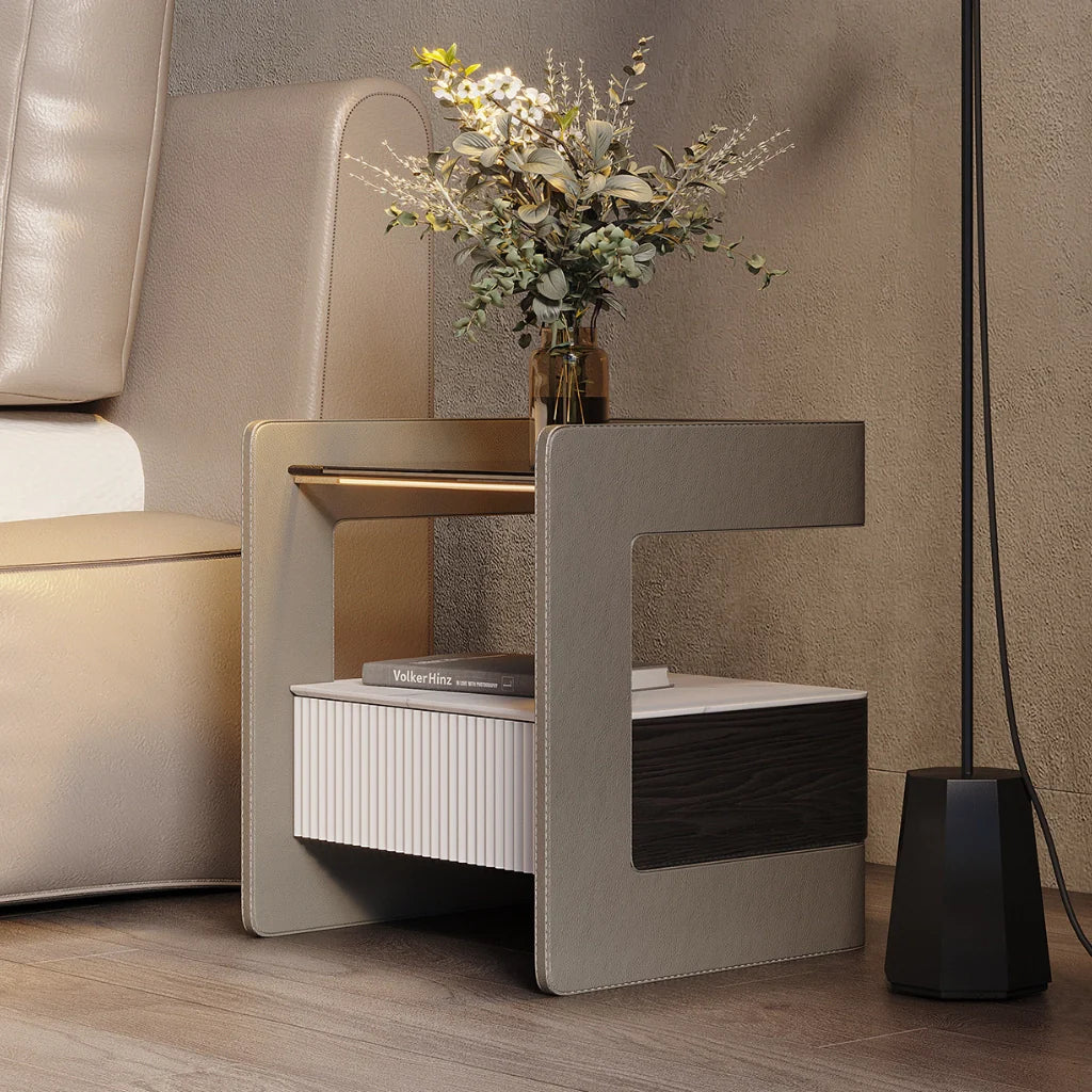 A minimalist nightstand image. Showcase its clean design and a mix of wood, glass, and stone materials.