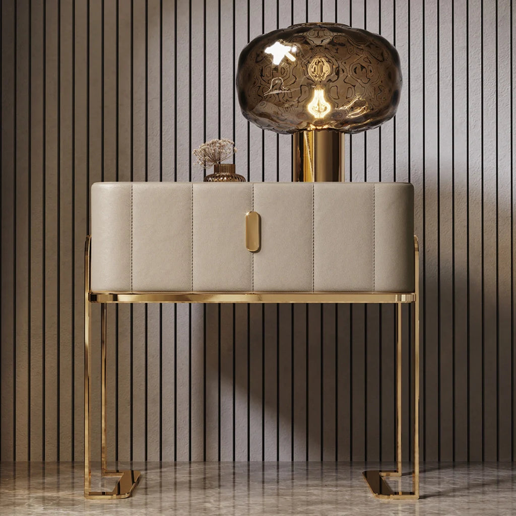 Modern Nightstand in Bedside table ideas showing its PU Leather Drawer and Stainless Steel Gold Legs.