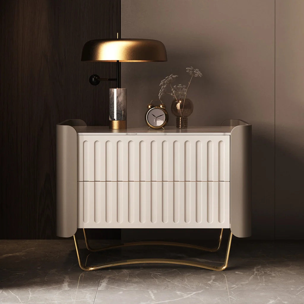 a wood nightstand with clean lines, two spacious drawers, sintered stone top, and an automatic LED light, perfect for nightstand aesthetic.