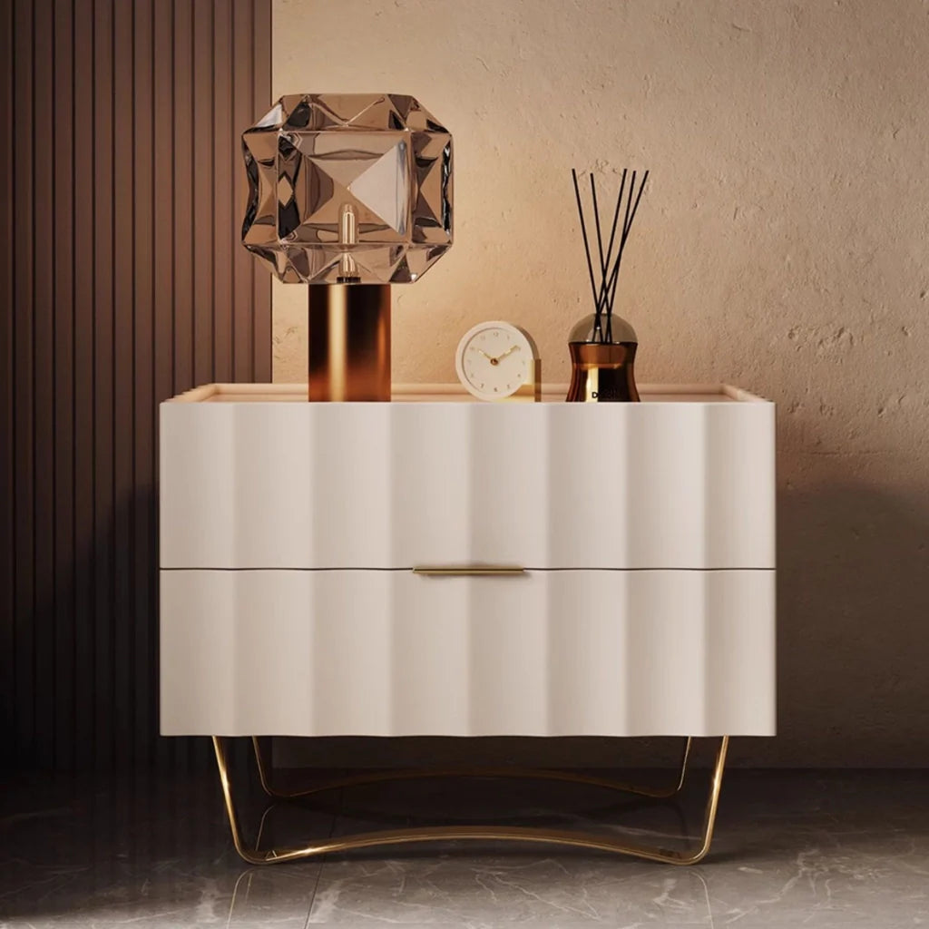 Ivory White Color of Wood Nightstand showcasing its spacious table top, and simple Wavy Design