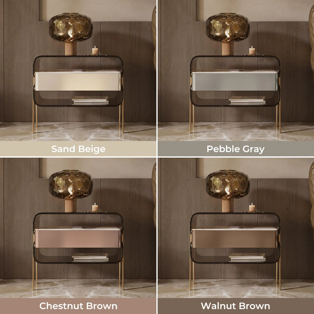 modern acrylic nightstands in 4 different colors; Sand Beige, Pebble Gray, Chestnut Brown, Walnut Brown.