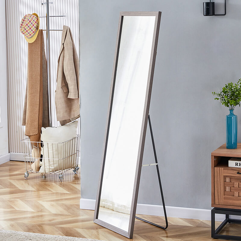 58" Rectangle Gray Wood Grain Thickened Frame Full-Length Floor Mirror