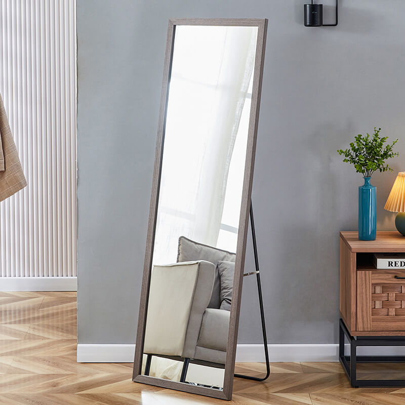 58" Rectangle Gray Wood Grain Thickened Frame Full-Length Floor Mirror