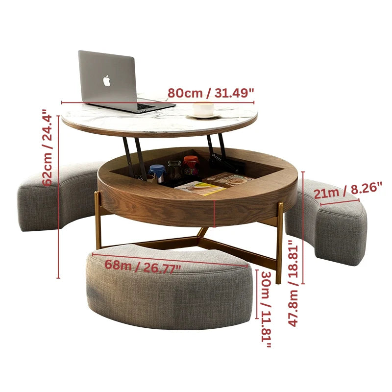 Dimension of wooden round coffee table with ottomans