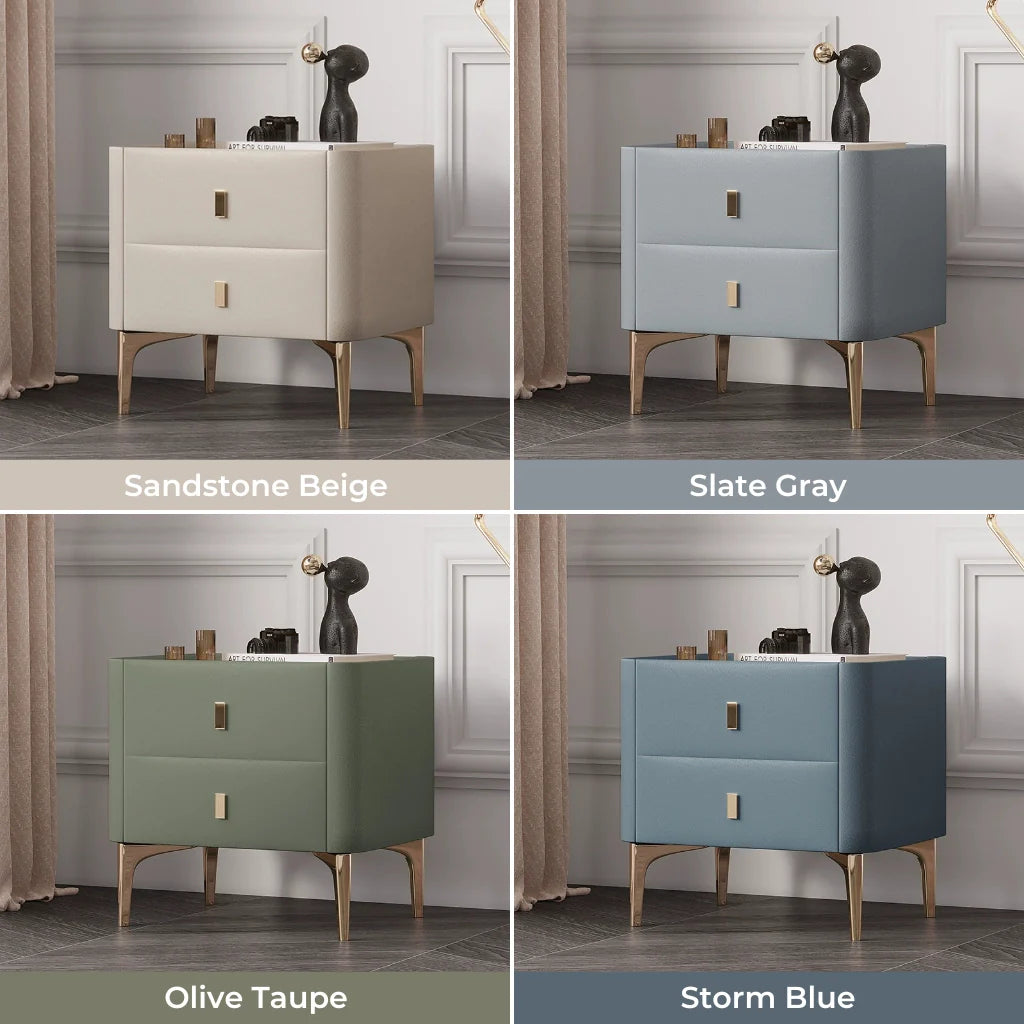 a chic bedside table in different colors, such as Sandstone Beige, Slate Gray, Olive Taupe, and Storm Blue.