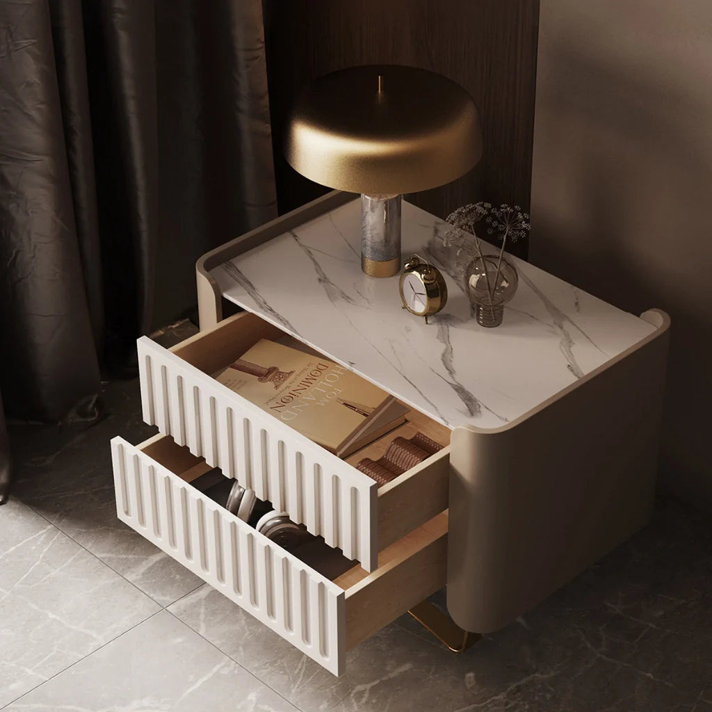 a stylish and functional 2 drawer nightstand with a unique LED light feature, sintered stone top, and stylish microfiber leather surface.