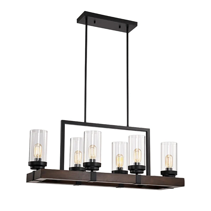 a 6-light matte black kitchen pendant light in wood grain and metal