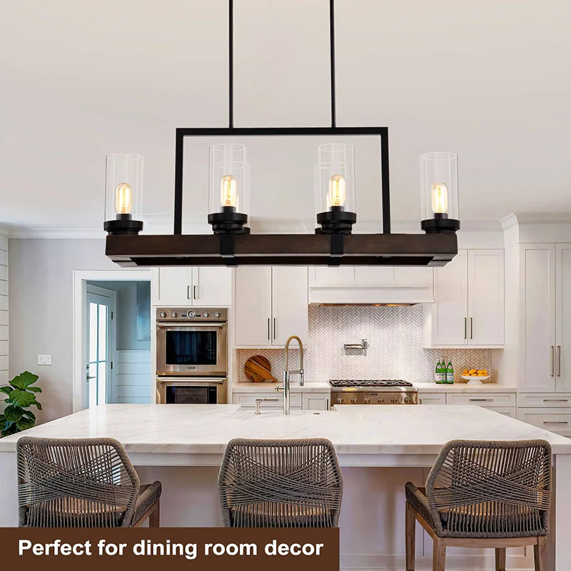 a 6-light matte black kitchen pendant light hanged over a kitchen island