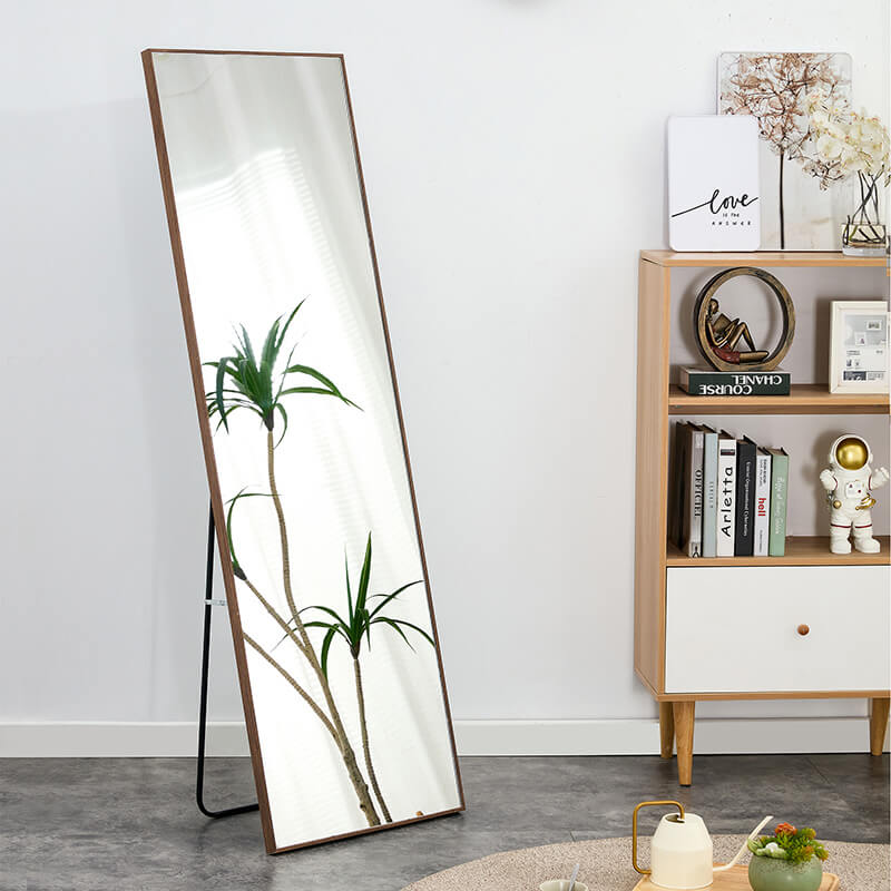 60" Rectangle Full Length Freestanding and Wall-Mount Floor Mirror with Brown Solid Wood Frame