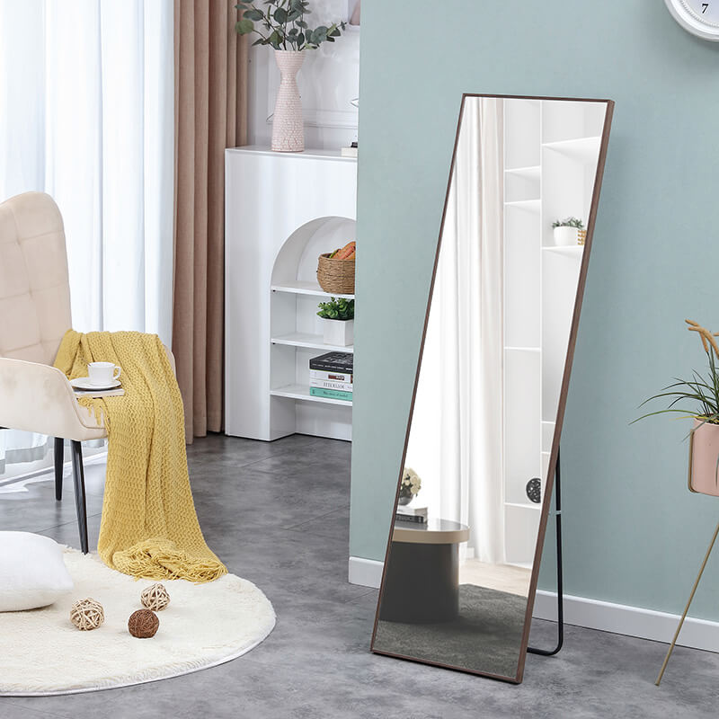 60" Rectangle Full Length Freestanding and Wall-Mount Floor Mirror with Brown Solid Wood Frame