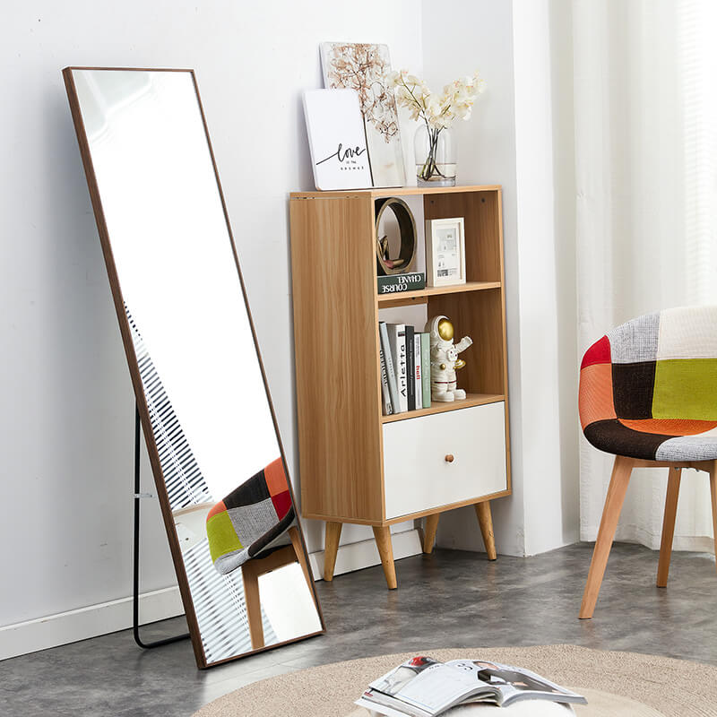 60" Rectangle Full Length Freestanding and Wall-Mount Floor Mirror with Brown Solid Wood Frame