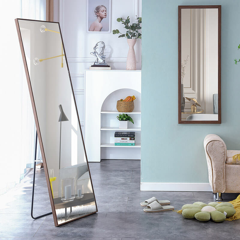 63" Brown Solid Wood Frame Large Rectangle Full-length Freestanding Floor Mirror