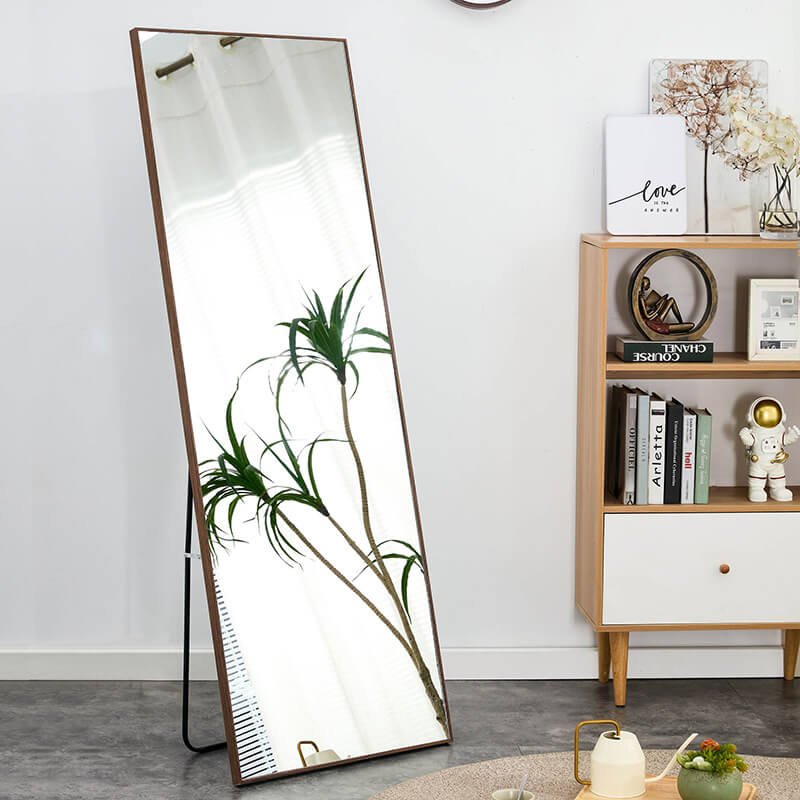 65" Rectangle Full Length Freestanding and Wall-Mount Floor Mirror with Brown Solid Wood Frame