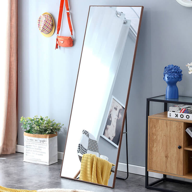 65" Rectangle Full Length Freestanding and Wall-Mount Floor Mirror with Brown Solid Wood Frame