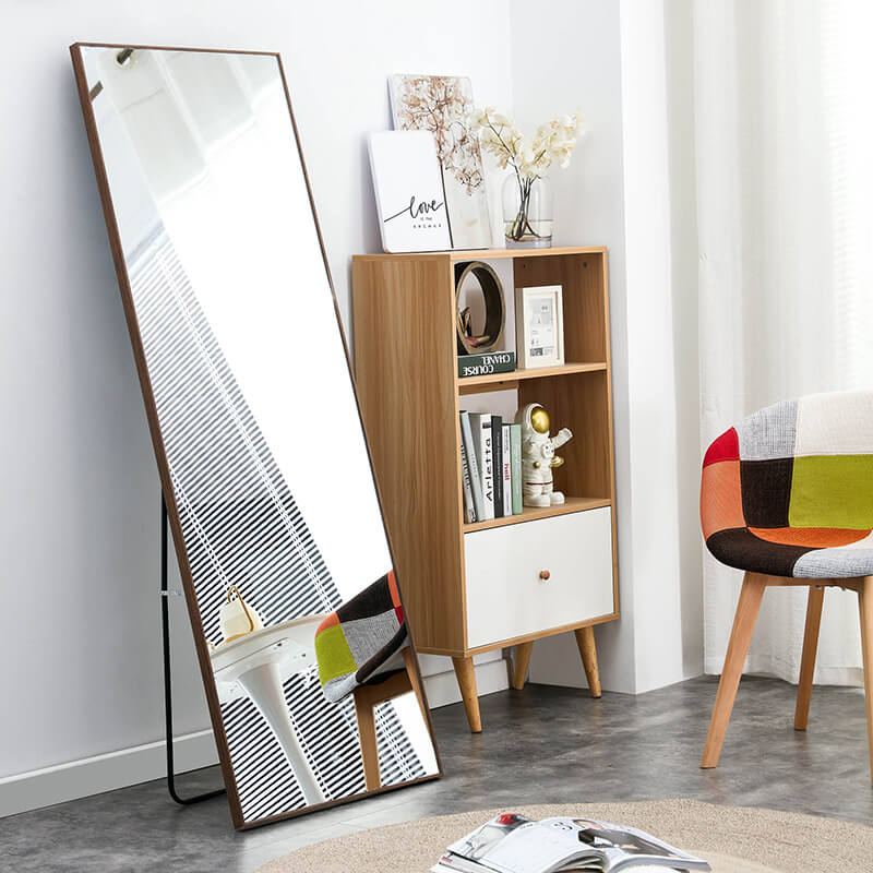 65" Rectangle Full Length Freestanding and Wall-Mount Floor Mirror with Brown Solid Wood Frame