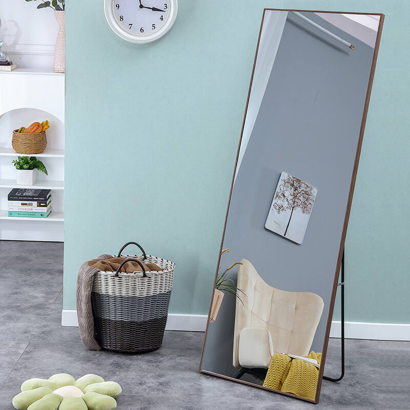 65" Rectangle Full Length Freestanding and Wall-Mount Floor Mirror with Brown Solid Wood Frame