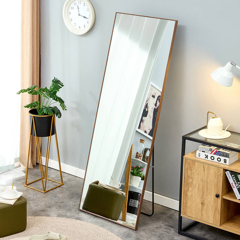 65" Rectangle Full Length Freestanding and Wall-Mount Floor Mirror with Brown Solid Wood Frame