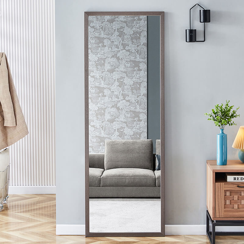 65" Rectangle Gray Wood Grain Thickened Frame Full-Length Floor Mirror