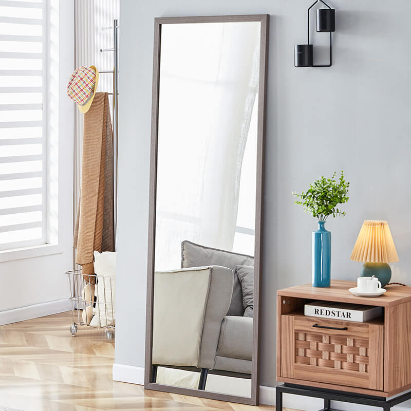 65" Rectangle Gray Wood Grain Thickened Frame Full-Length Floor Mirror