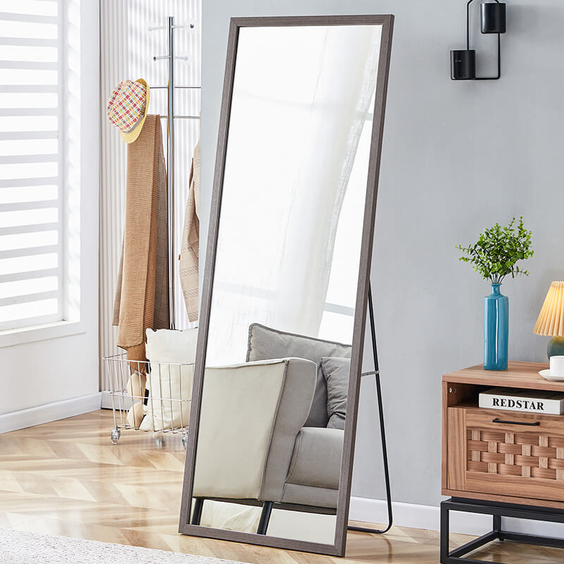 65" Rectangle Gray Wood Grain Thickened Frame Full-Length Floor Mirror