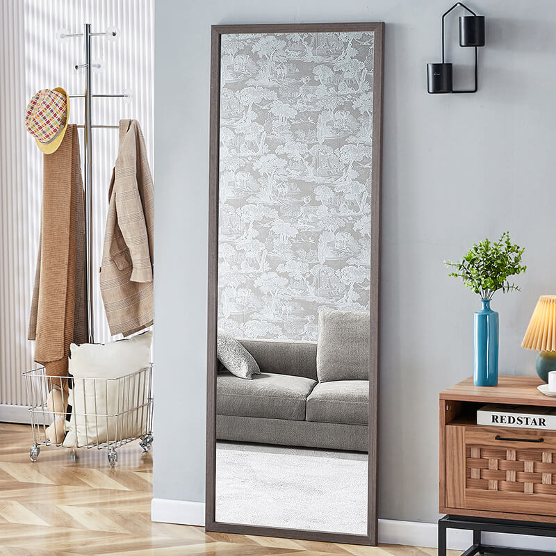 65" Rectangle Gray Wood Grain Thickened Frame Full-Length Floor Mirror