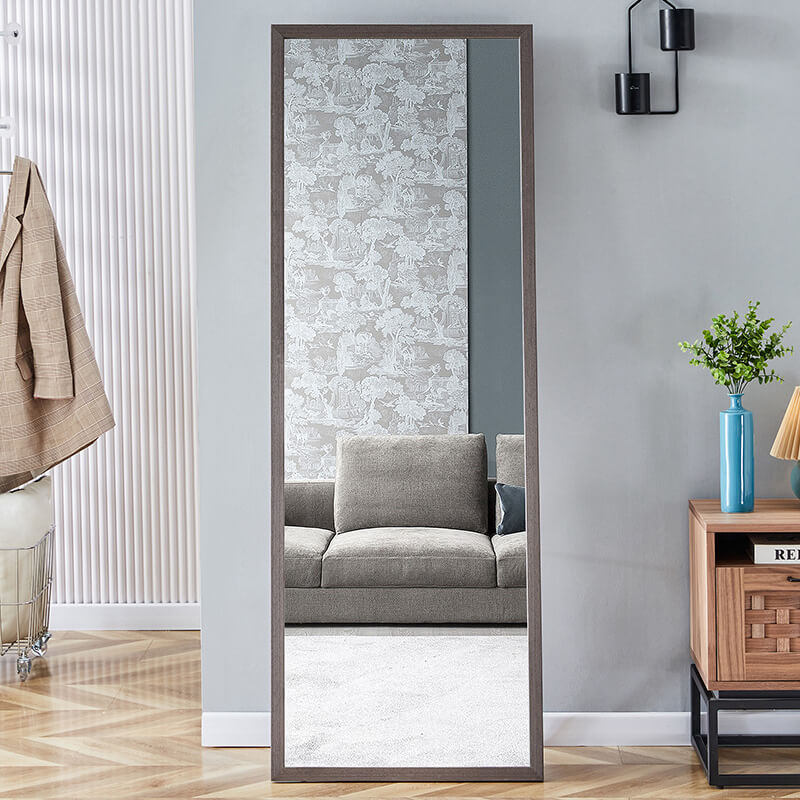 65" Rectangle Gray Wood Grain Thickened Frame Full-Length Floor Mirror