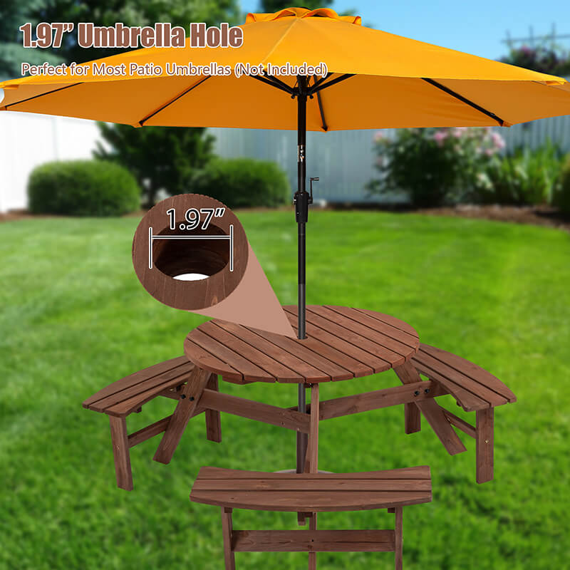 66.9" Brown Wood 6-Person Outdoor Circular Camping Table with Umbrella Hold Design and 3 Built-in Benches