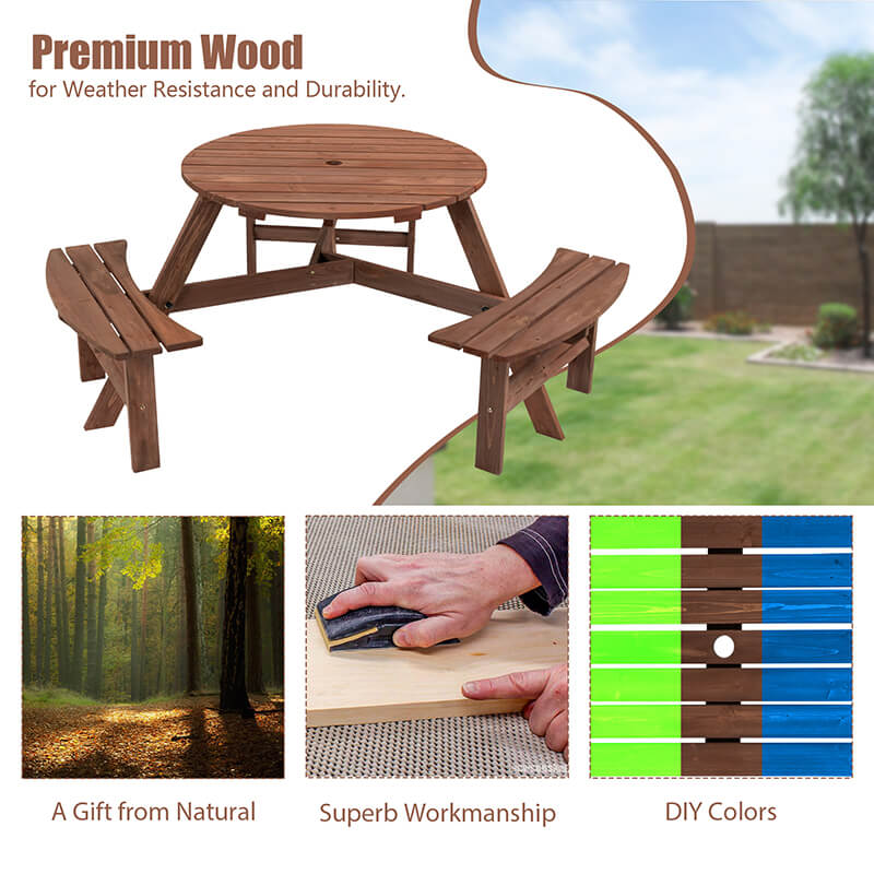 66.9" Brown Wood 6-Person Outdoor Circular Camping Table with Umbrella Hold Design and 3 Built-in Benches