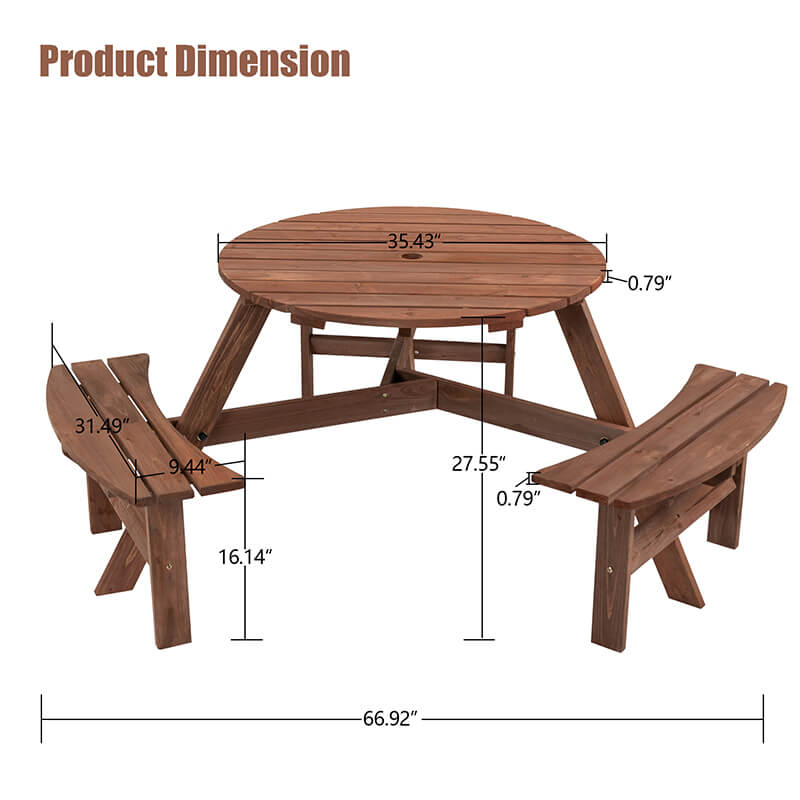 A dimension Image of the 66.9" Brown Wood 6-Person Outdoor Circular Camping Table with Umbrella Hold Design and 3 Built-in Benches