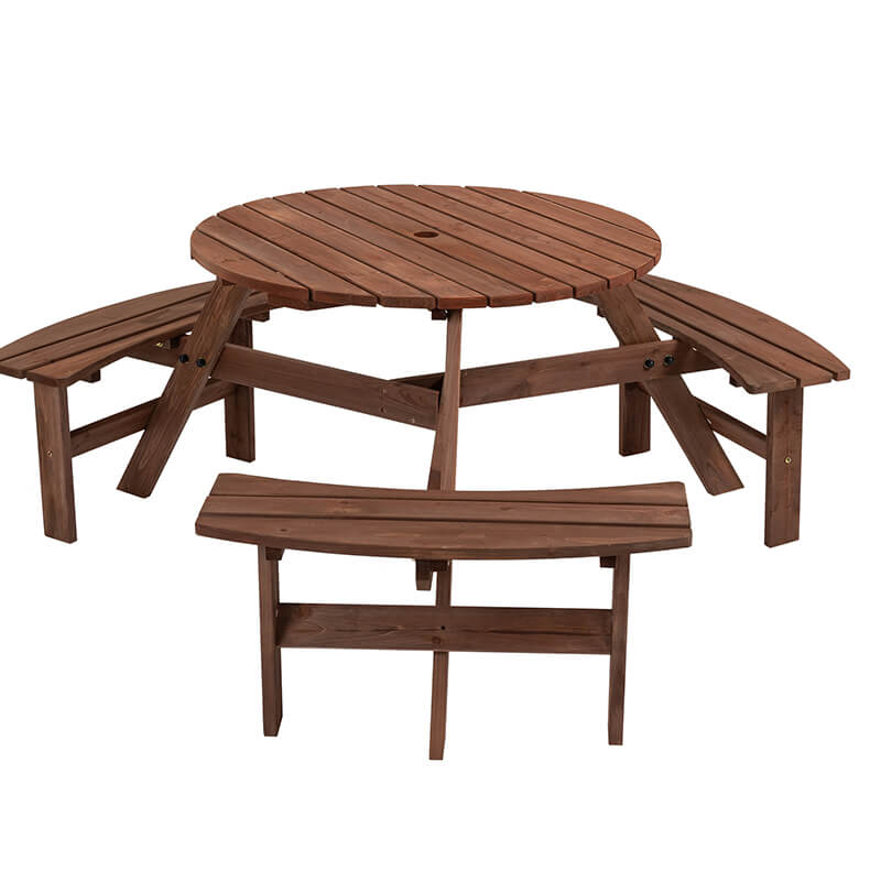 66.9" Brown Wood 6-Person Outdoor Circular Camping Table with Umbrella Hold Design and 3 Built-in Benches