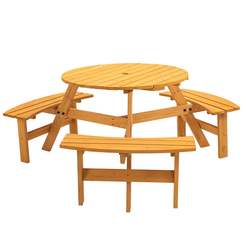 66.9" Natural Wood 6-Person Outdoor Circular Camping Table with Umbrella Hold Design and 3 Built-in Benches