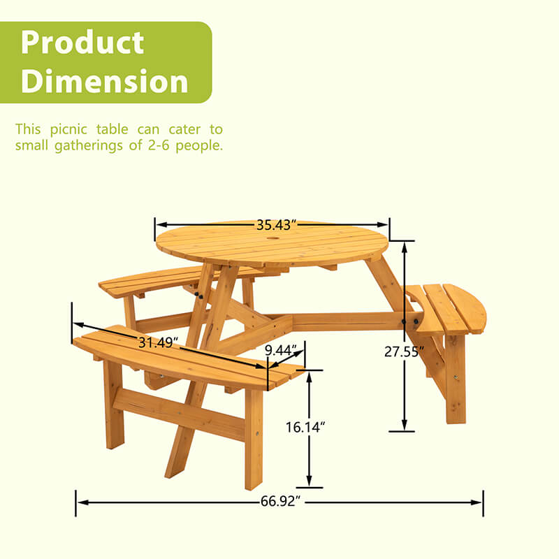 A dimension Image of the 66.9" Natural Wood 6-Person Outdoor Circular Camping Table with Umbrella Hold Design and 3 Built-in Benches