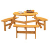 66.9" Natural Wood 6-Person Outdoor Circular Camping Table with Umbrella Hold Design and 3 Built-in Benches