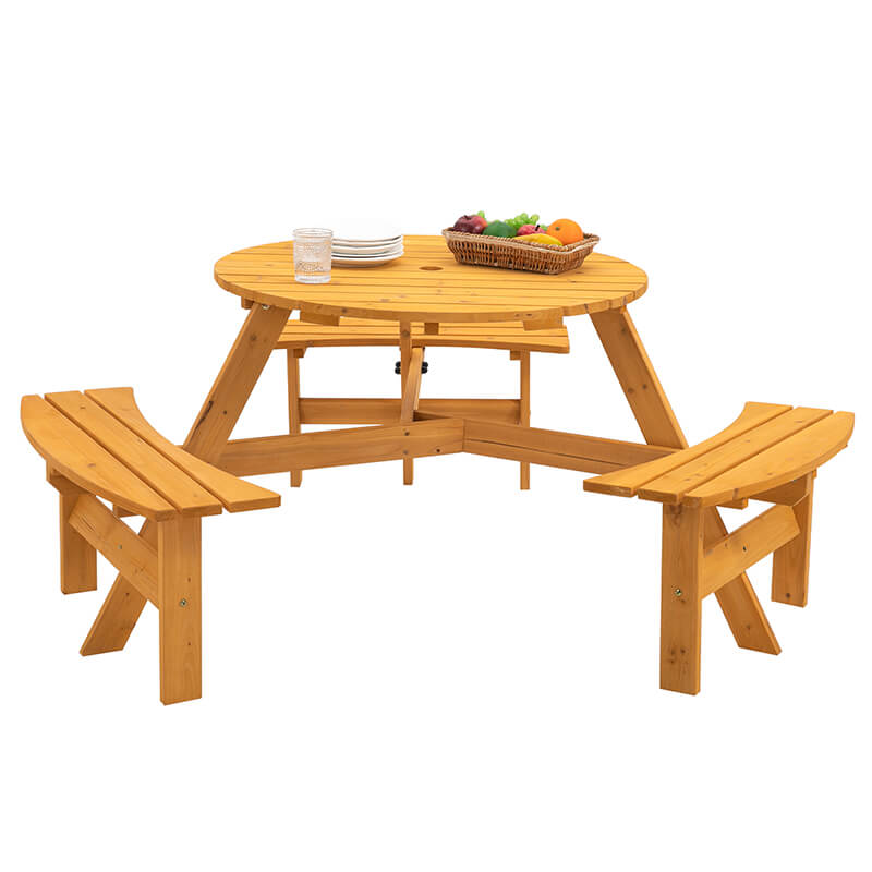 66.9" Natural Wood 6-Person Outdoor Circular Camping Table with Umbrella Hold Design and 3 Built-in Benches