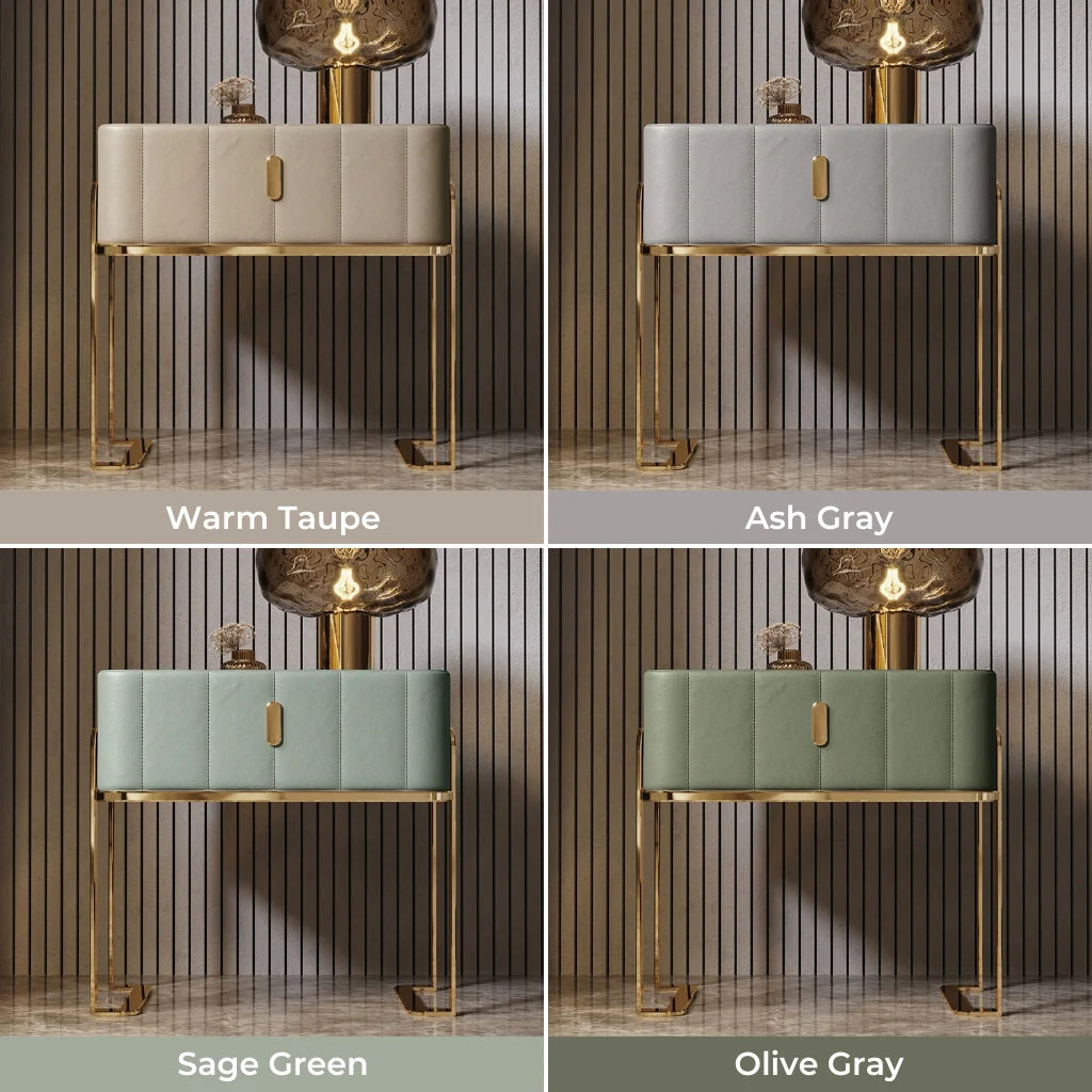 Bedside table ideas in Warm Taupe, Ash Grey, Sage Green and Olive Gray and Gold. 