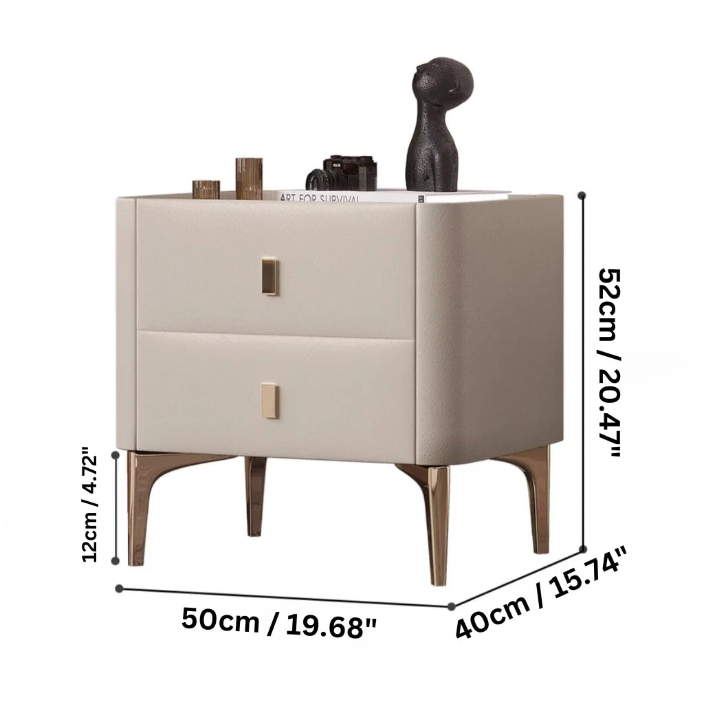 dimensions of a modern nightstand with drawers in a white background