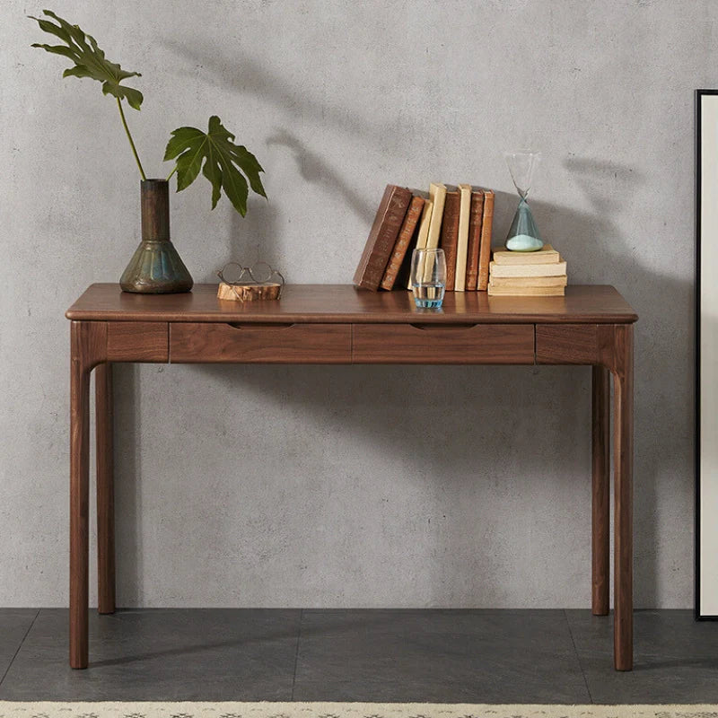 a walnut wood desk with drawers 