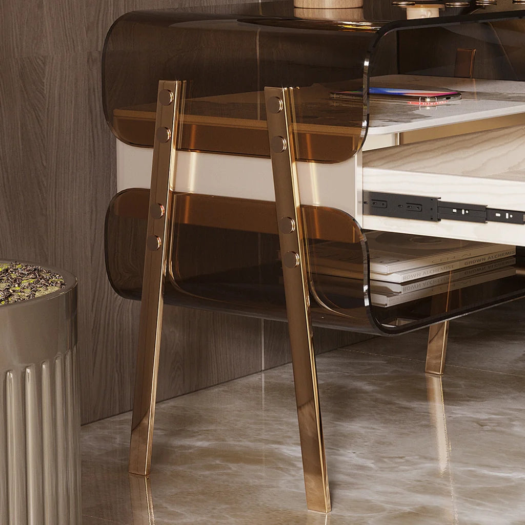 a closer view of a modern nightstand ideas, highlighting its stainless steel legs in gold finish