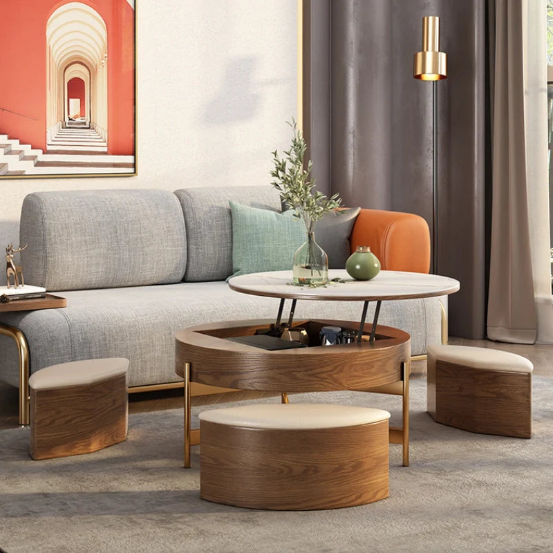 Modern wood coffee table in a modern living room, showing its elevated table top, and pulled out ottomans 