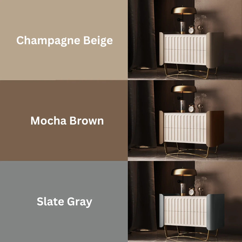 a modern wood nightstand in champagne beige, mocha brown, and slate gray